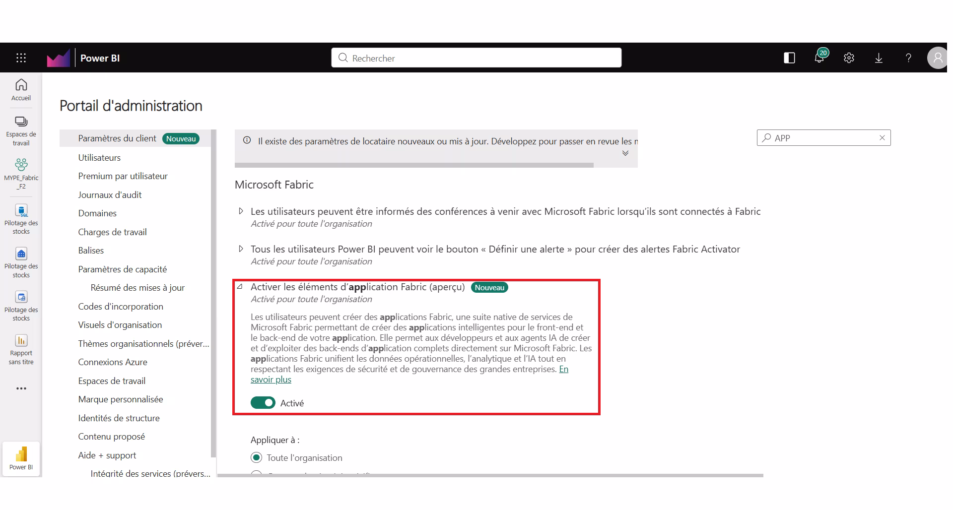 Paramètres d'administration Fabric : activation de Fabric Apps pour l'organisation