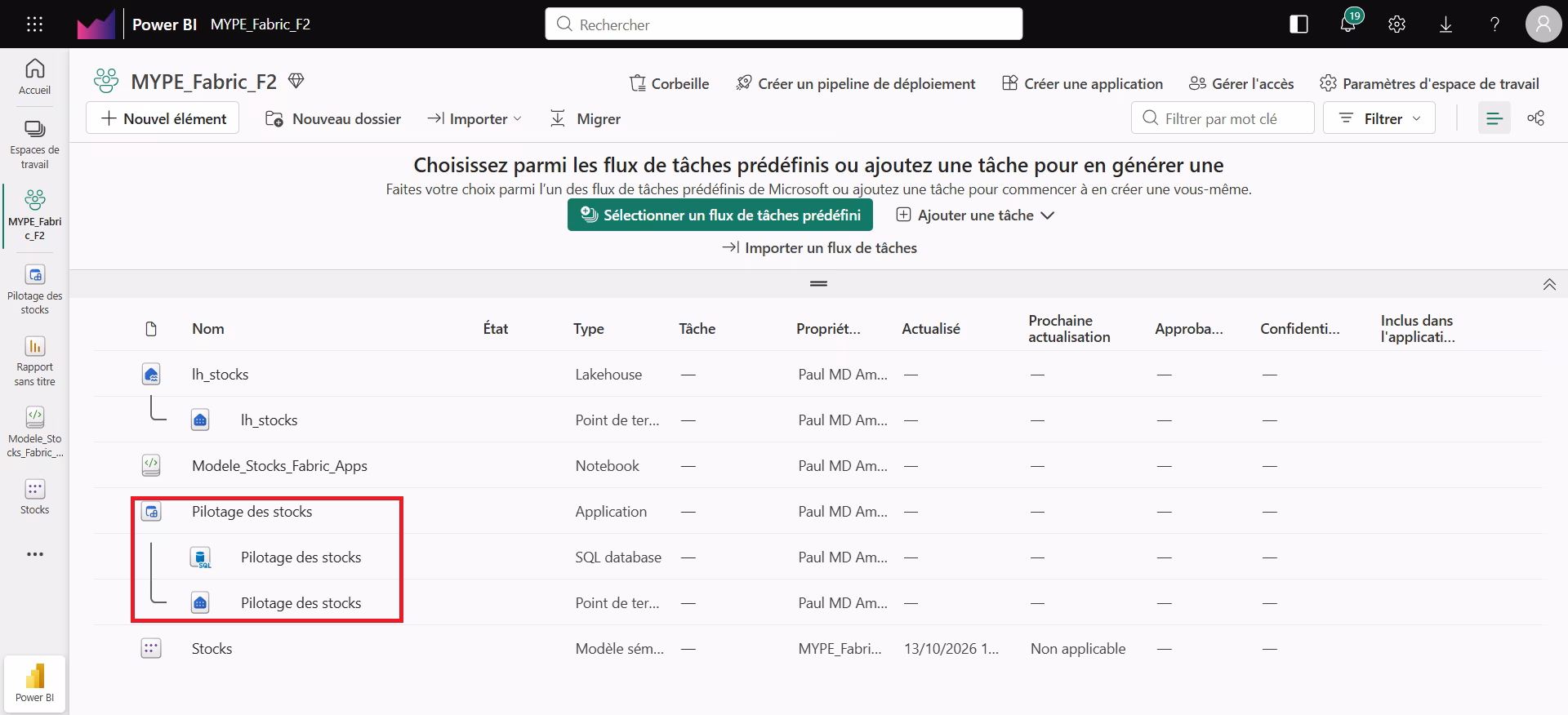 Les 3 nouveaux éléments créés dans l'espace de travail Fabric : application, base SQL et point de terminaison SQL