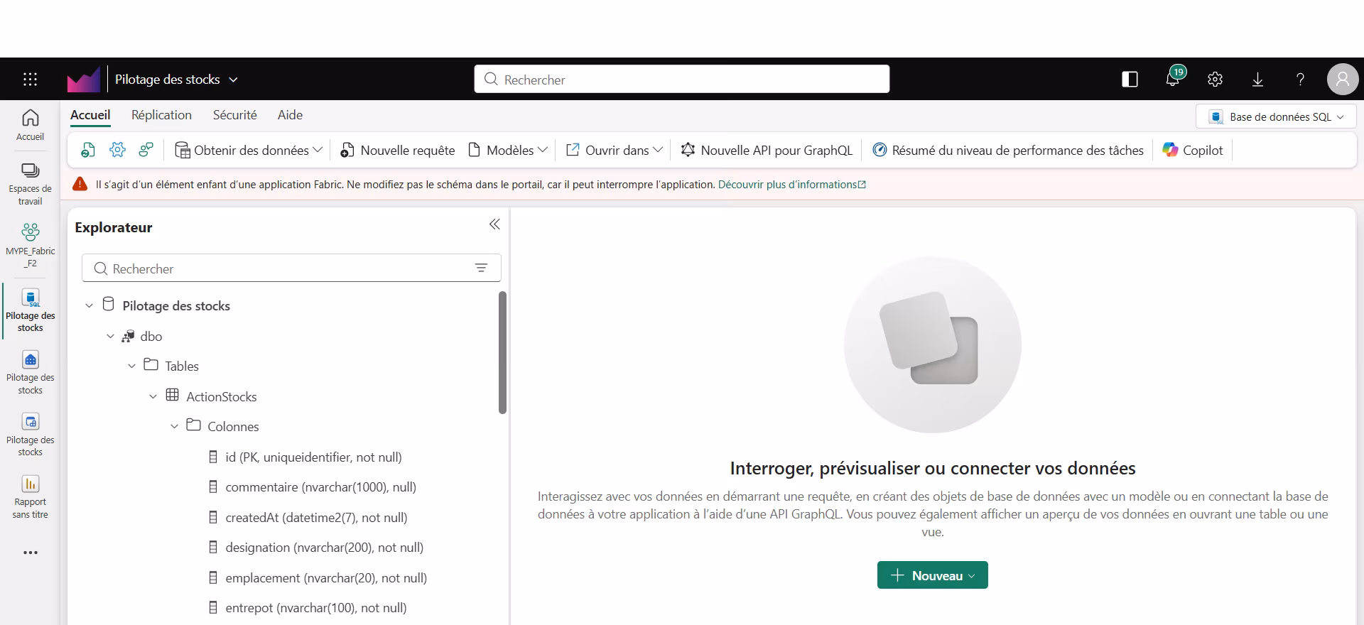 La base de données SQL de l'application Fabric et sa table des actions