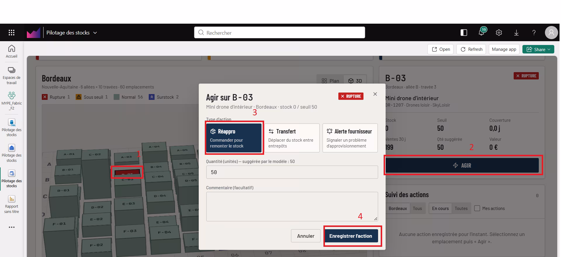 L'application Fabric Pilotage des stocks : entrepôt en 3D avec les emplacements colorés selon le niveau de stock